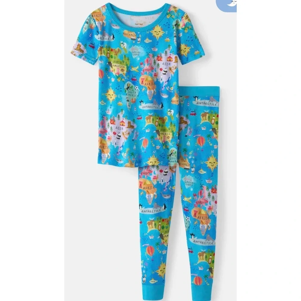Little Sleepies Around the World Bamboo Pajama Set Blue Kids 12 Lunaluxe map